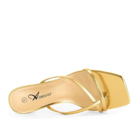 Athlefit Women's Gold Polyurethane Square Open Toe Kitten Heels Thong Sandals - Picture 3 of 6